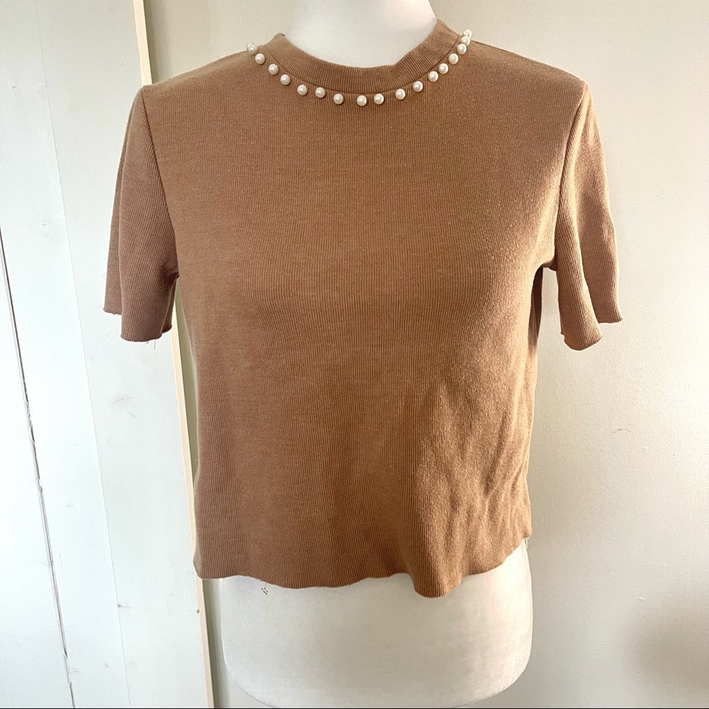 Zara Trafaluc tan pearled neck short sleeve semi cropped shirt medium